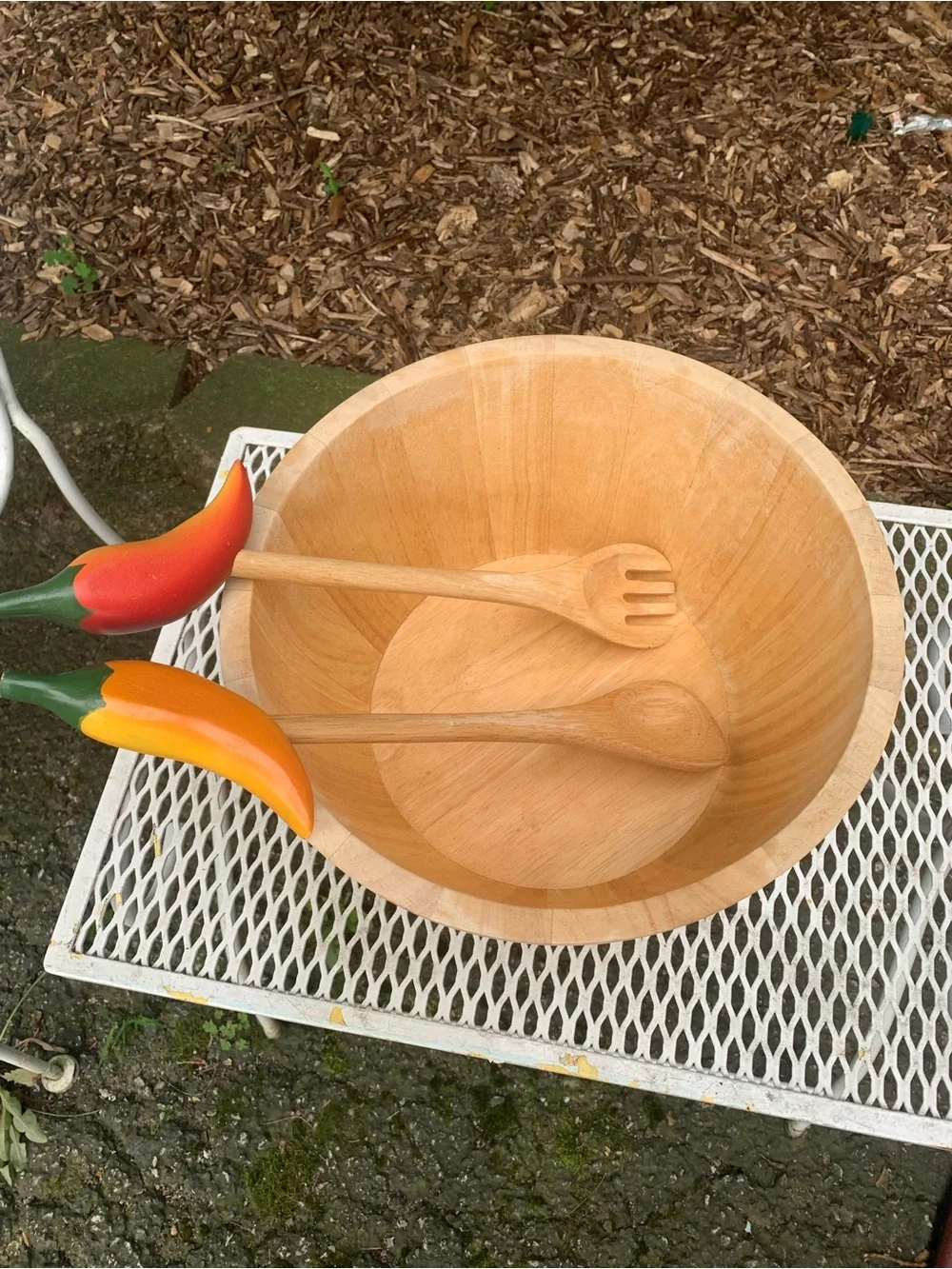 Clay Art Wooden Salad Bowl Colorful Chili Pepper Handles Serving Set Kitchen